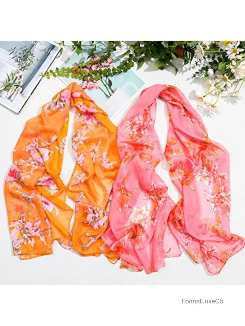 6 Pack Lightweight Floral Print Scarf Set Long Thin Silk Touch Shawl
